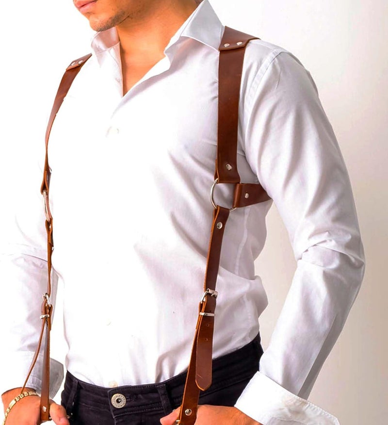 Fstrend Men's Leather Suspender, Adjustable Brown Faux Leather Shoulder Strap, Punk Body Belt for Clubwear, Cosplay and Party - Image 4